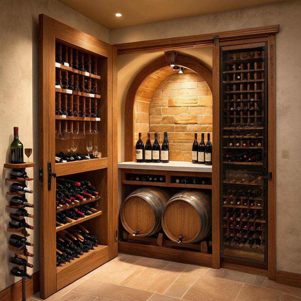 A beautifully arranged wine cellar showcasing a variety of wine bottles on wooden shelves, complemented by essential wine accessories like corkscrews, glasses, and aerators. Include a rustic oak barrel in the foreground and an inviting wine tour scene through an open door with vineyards in the background. Soft golden lighting enhances the warmth of the space. hyper-realistic. vibrant colors. rich textures.