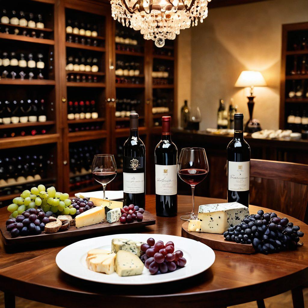 A beautifully set dining table featuring an elegant wine bottle, crystal glasses filled with rich red wine, and a gourmet cheese platter surrounded by grapes. In the background, an open wine cellar with wooden racks filled with various bottles, symbols of investment in wine. Soft, ambient lighting enhances the intimate setting, evoking a sense of sophistication and enjoyment. super-realistic. warm colors. elegant style.