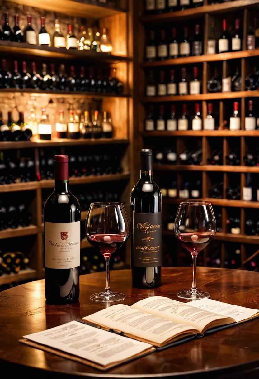 A sophisticated wine cellar filled with a variety of wine bottles, each showcasing unique labels and colors. In the foreground, a polished wooden table displays a wine glass filled with a deep red wine, reflecting soft candlelight. A notepad with notes and a pen lies beside the glass, hinting at investment tips. The ambiance is warm and inviting, with soft shadows enhancing the luxurious feel. super-realistic. warm colors. elegant ambiance.